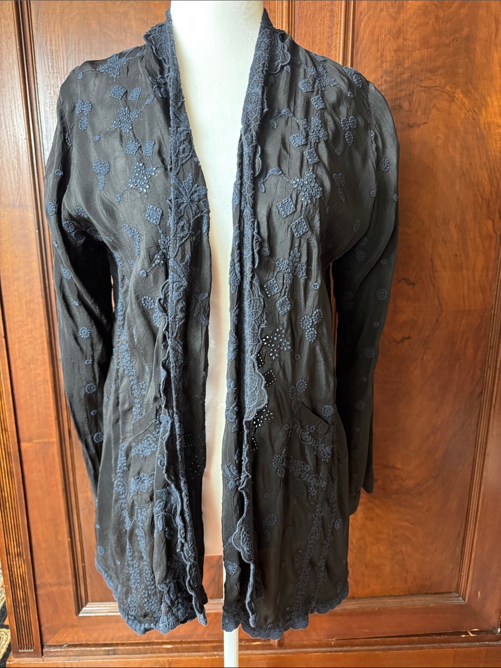 Johnny Was Black With Navy Blue Embroidered Open-Front Cotton Cardigan